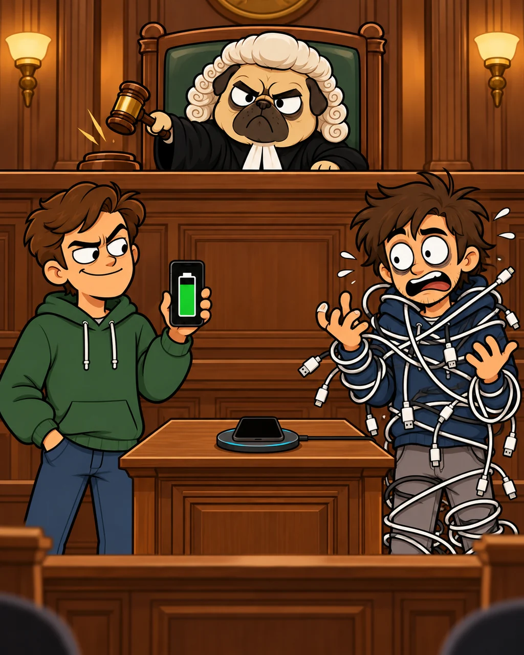 白粉をはたいたかつらをかぶったパグの裁判官が、スマホを持った落ち着いたルームメイトの訴えを聞いている。訴えられているのは、充電ケーブルに絡まったルームメイト