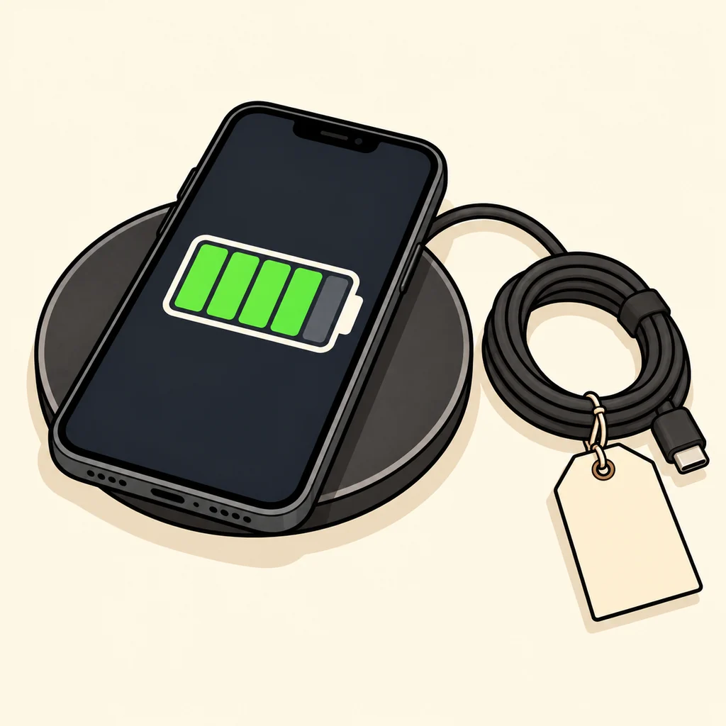 ワイヤレス充電パッドに置かれたスマホ。バッテリーアイコンは5分の4ほどの残量を示している