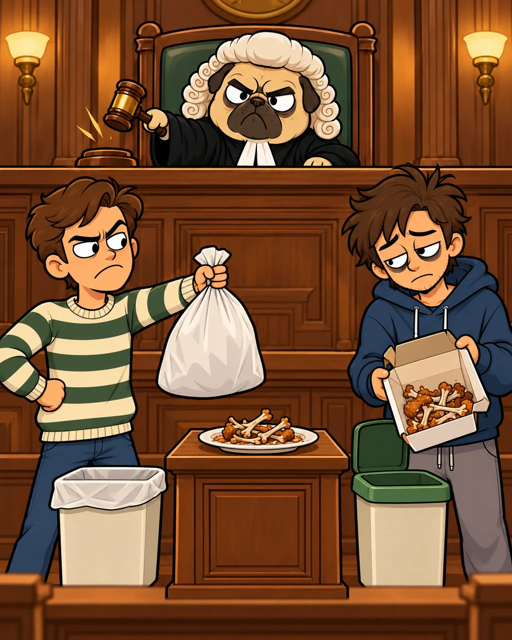 A pug judge in a powdered wig hears a roommate with a trash bag accuse another of dumping chicken bones in the food waste bin
