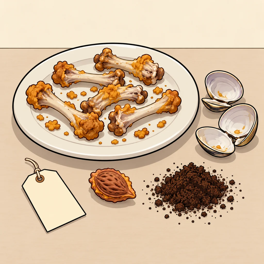 Chicken bones, clam shells, a peach pit and coffee grounds laid out as evidence