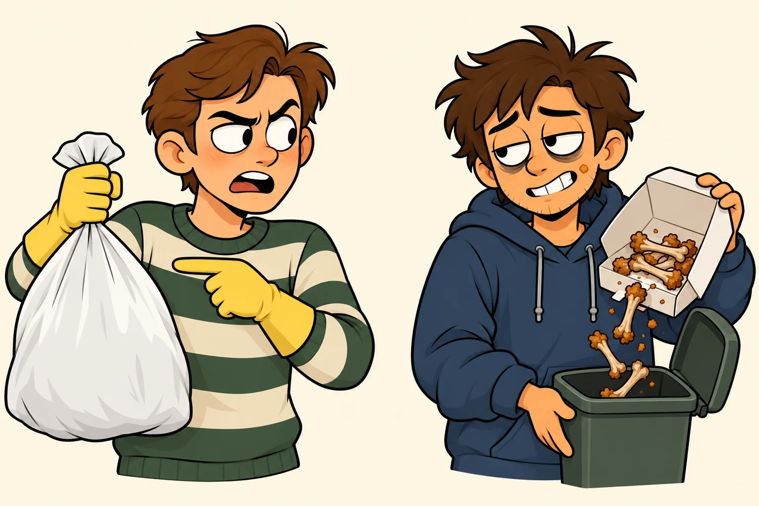 A roommate in rubber gloves holding a trash bag and a sleepy roommate tipping chicken bones into a food waste bin
