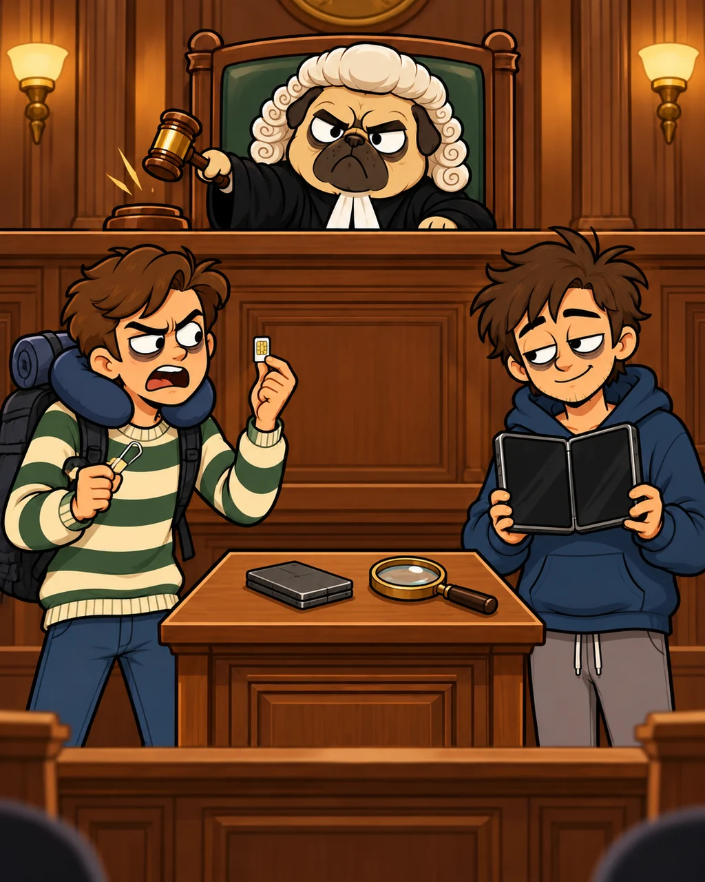 かつらをかぶったパグの裁判官の前で、SIMカードとクリップを持つ旅行者が、折りたたみスマホを持つ友人を訴えている