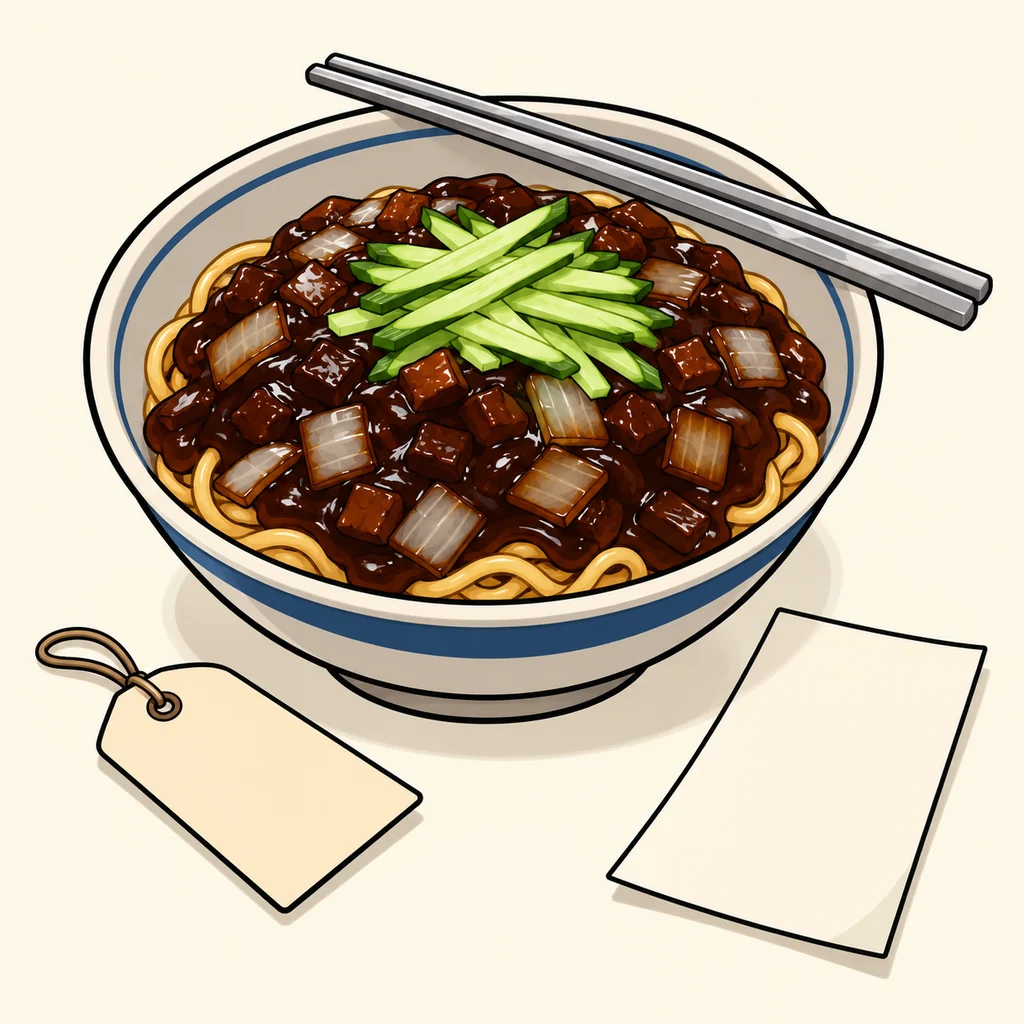A bowl of Korean black bean noodles with metal chopsticks and a blank order slip