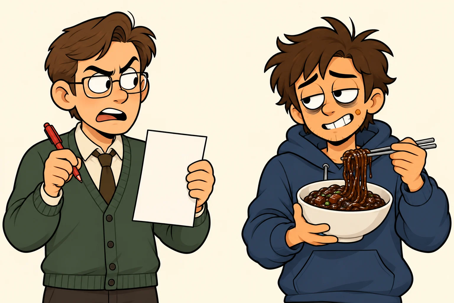 A strict senior with a red pen and a grinning junior lifting black bean noodles