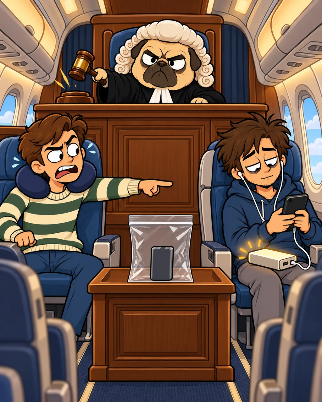 A pug judge in a powdered wig hears a nervous passenger accuse the passenger beside them of charging a phone from a power bank