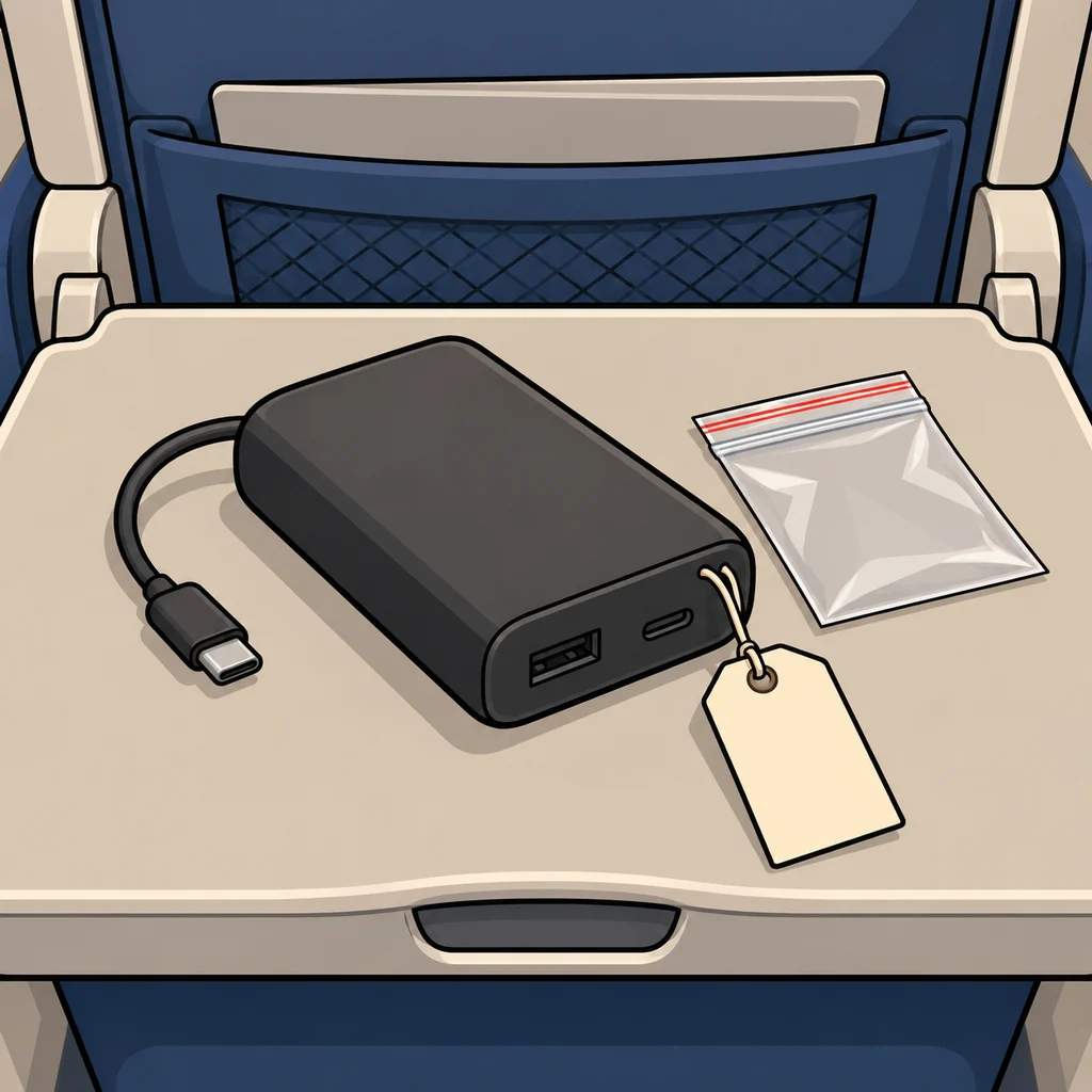 A plain power bank with a short cable on an airplane tray table
