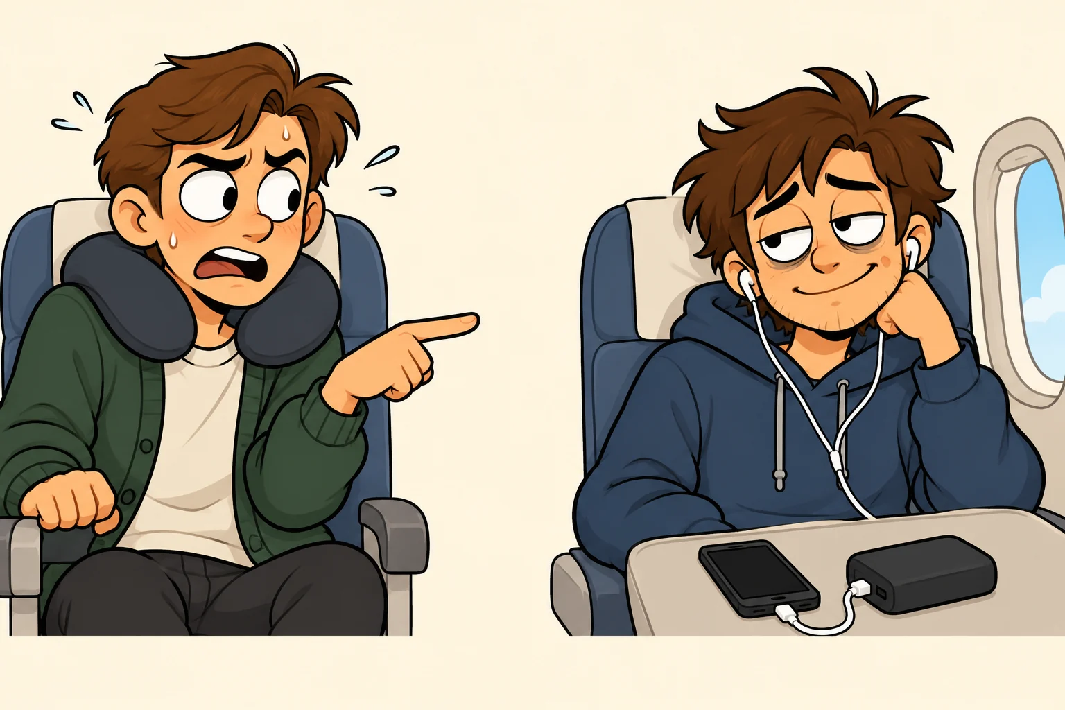 A nervous passenger in a neck pillow and a relaxed passenger charging a phone from a power bank