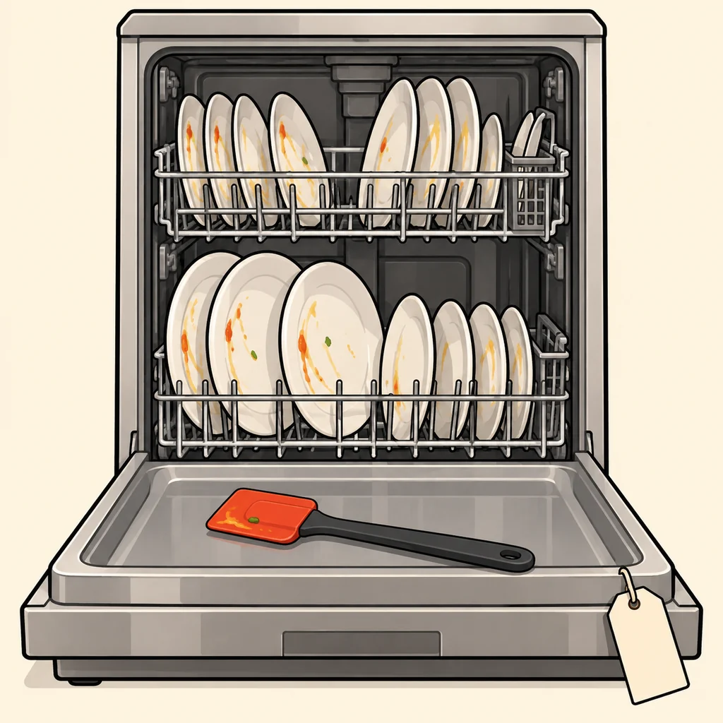 An open dishwasher full of scraped plates with a rubber scraper on the door
