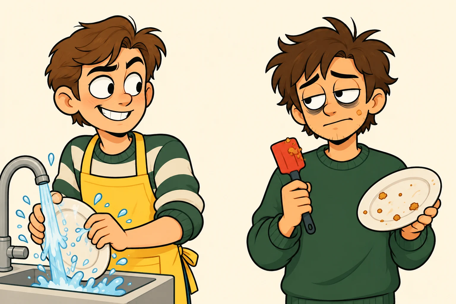 A proud roommate rinsing a plate under a running tap and an unimpressed roommate holding a scraper