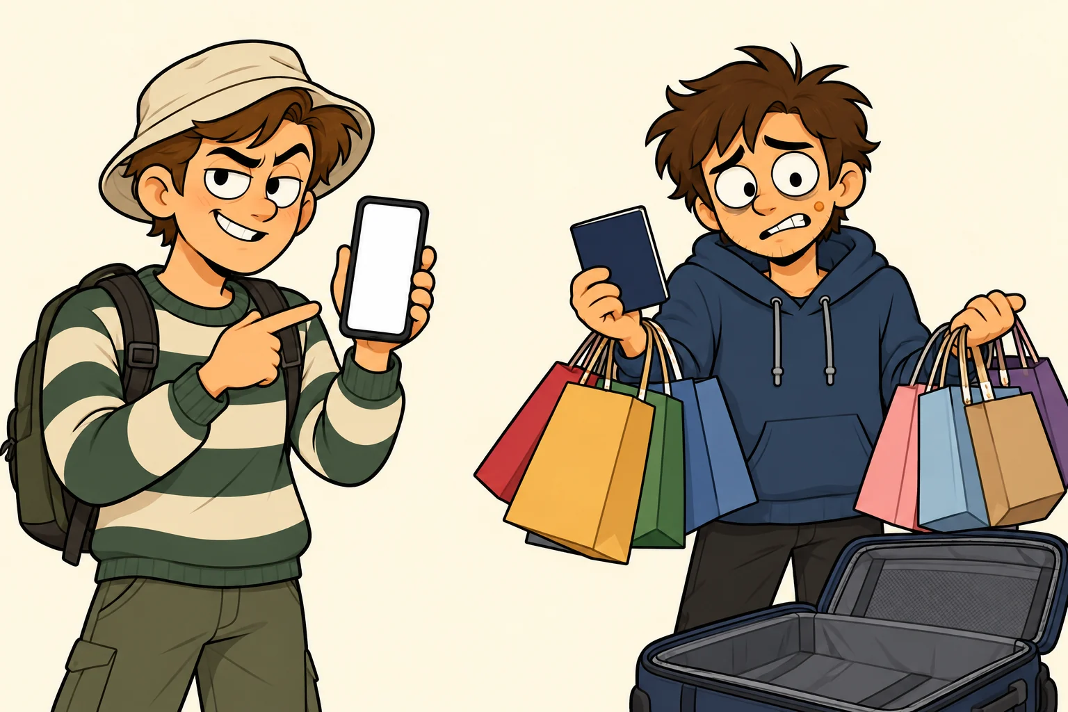 スマホを掲げる友人と、パスポートと買い物袋を持った買い物客